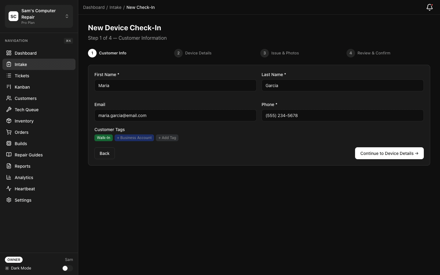 Complete repair workflow — intake to diagnostics to quote to QC to pickup