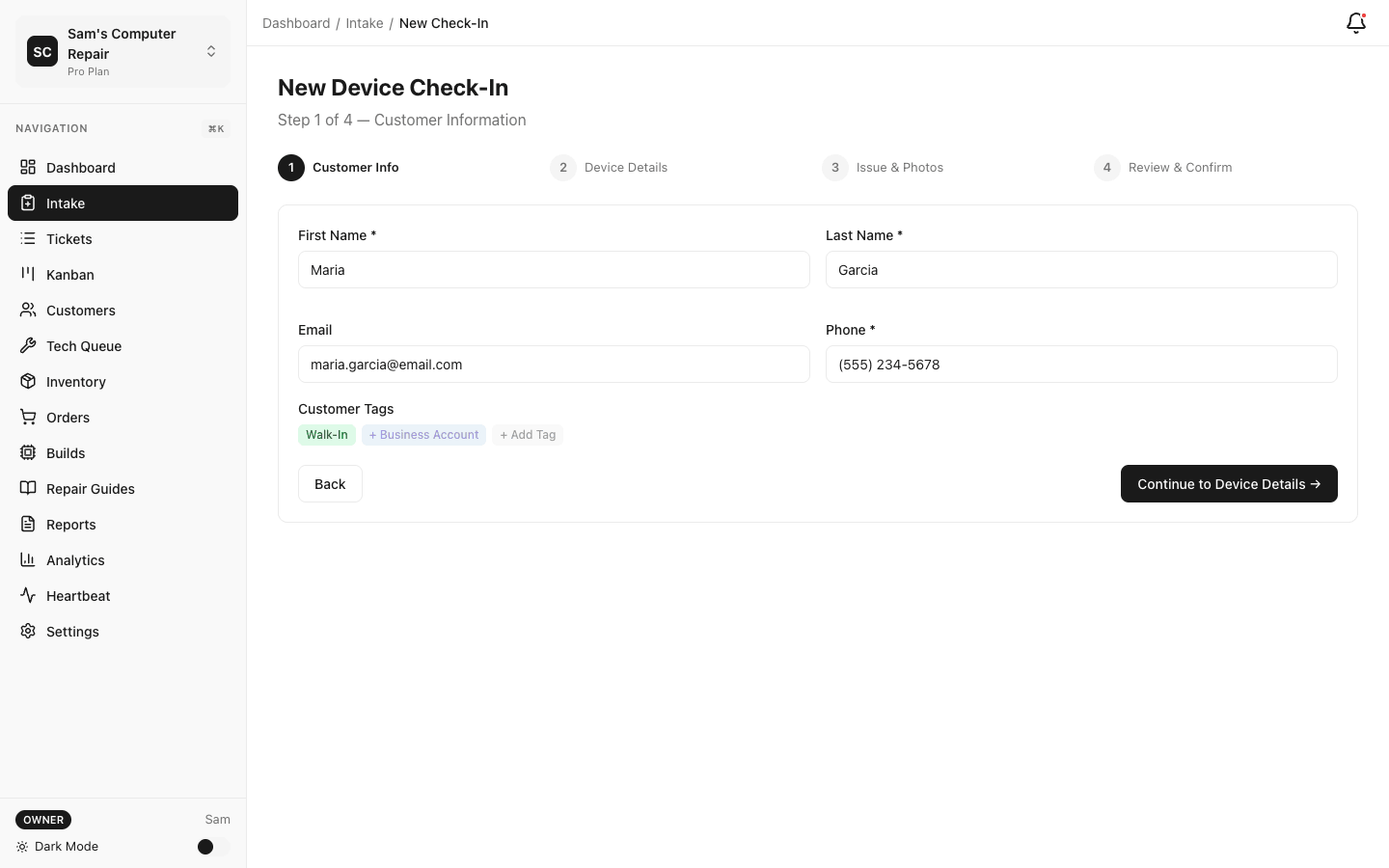 Complete repair workflow — intake to diagnostics to quote to QC to pickup
