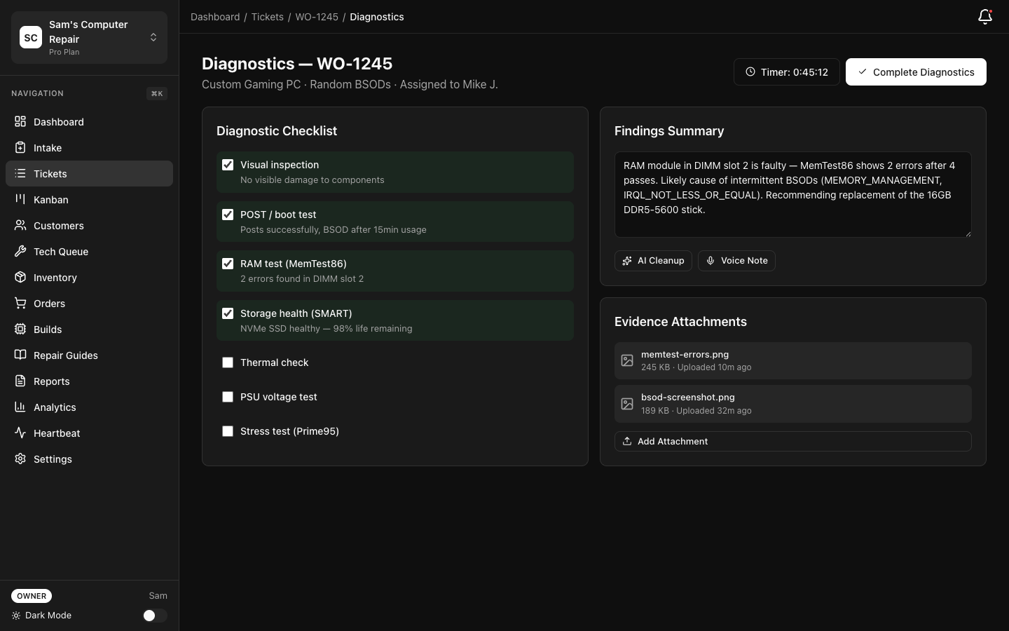 RepairOps Diagnostics view with checklist and evidence upload