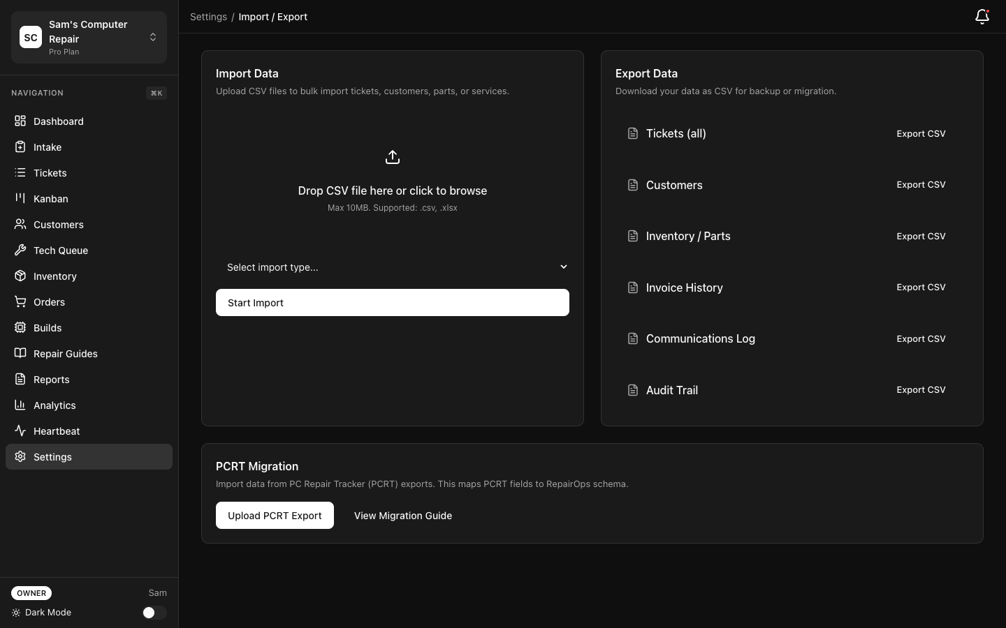 RepairOps Import/Export interface for data portability