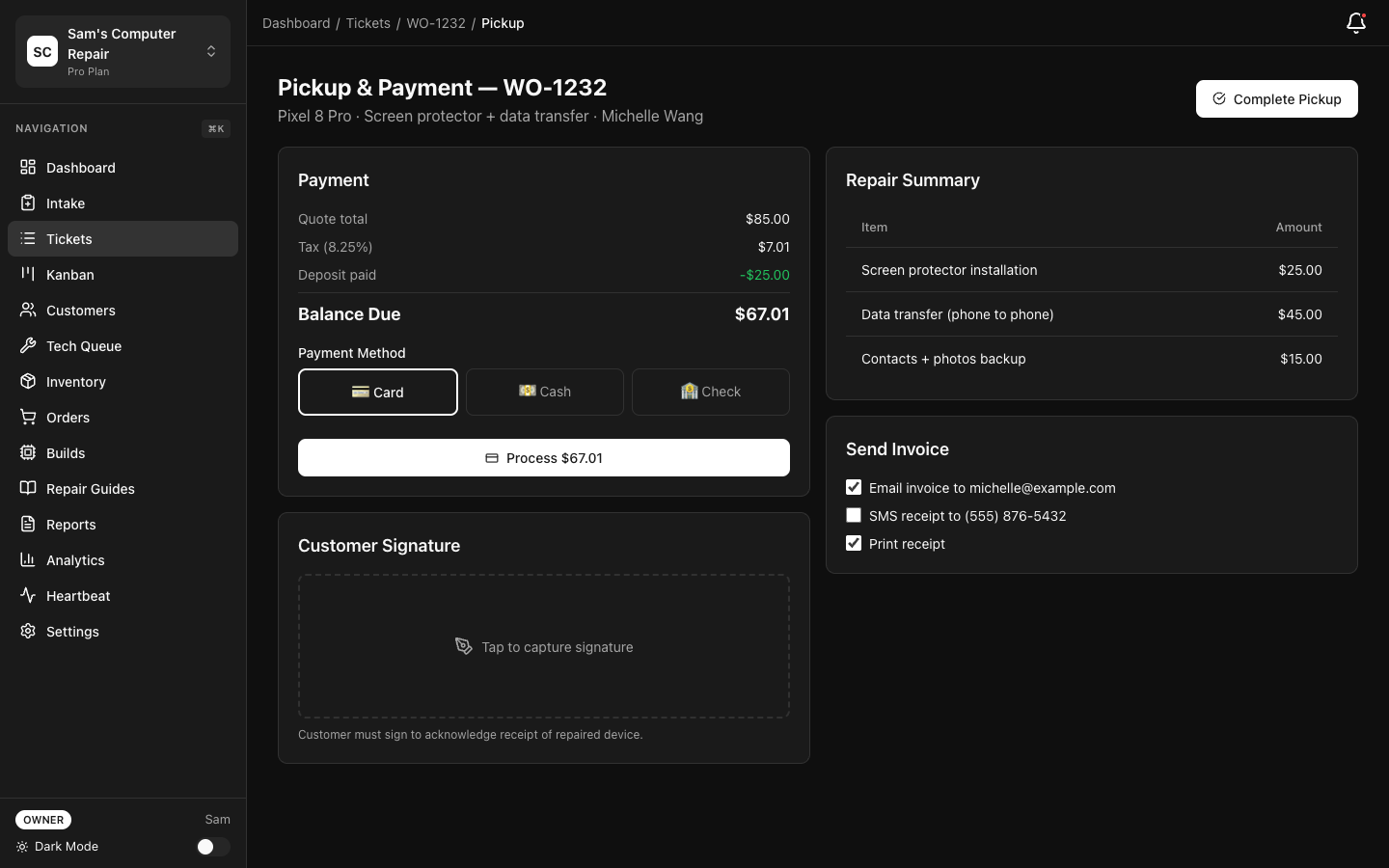 RepairOps Pickup screen with payment and signature capture