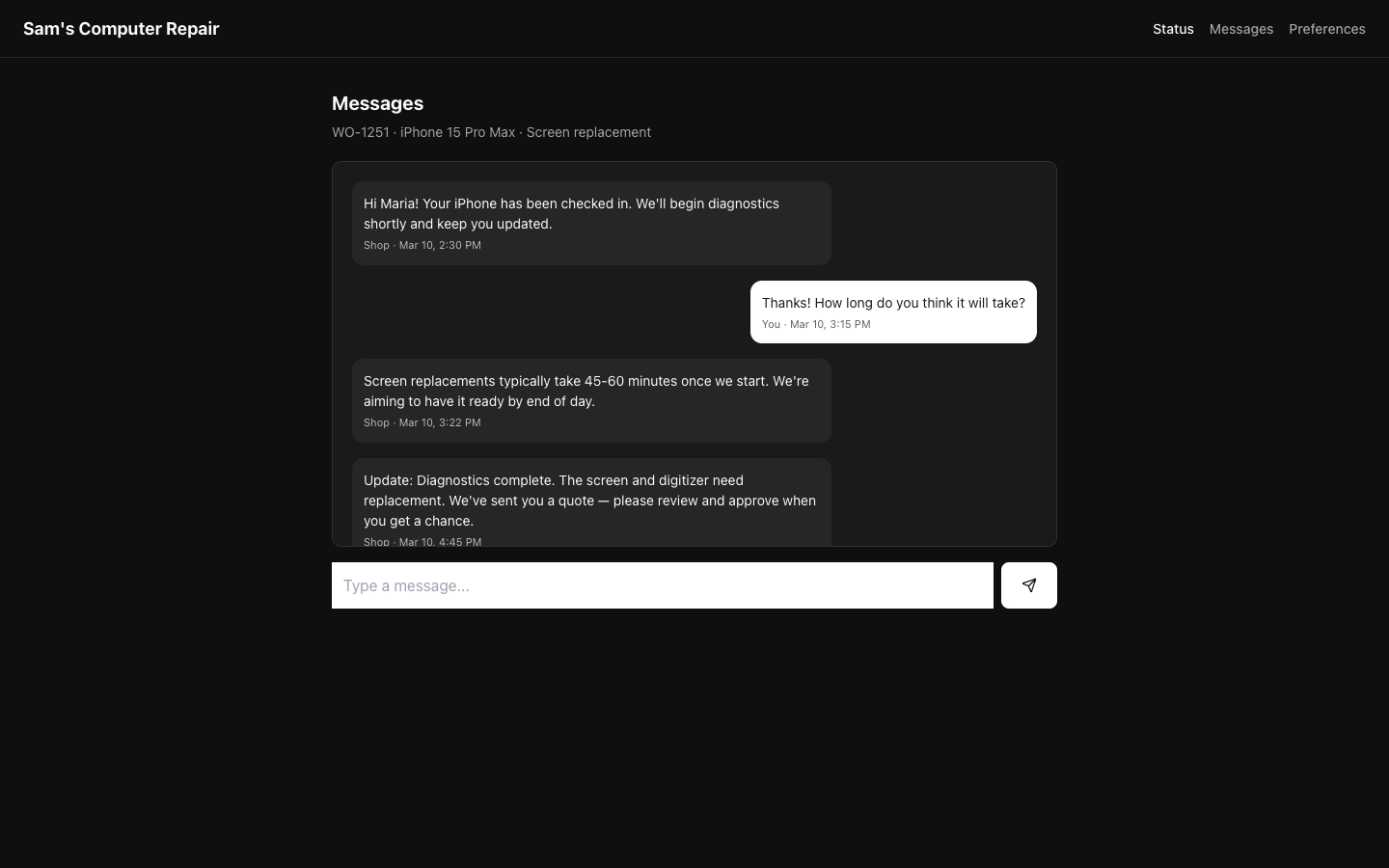 RepairOps Customer Portal messaging interface
