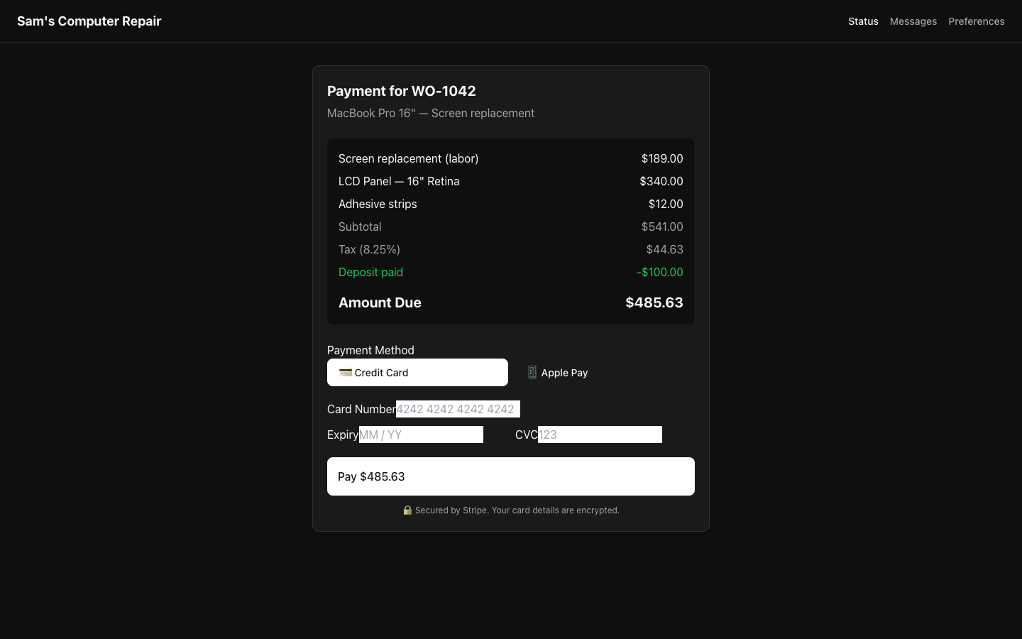 RepairOps Customer Portal online payment screen