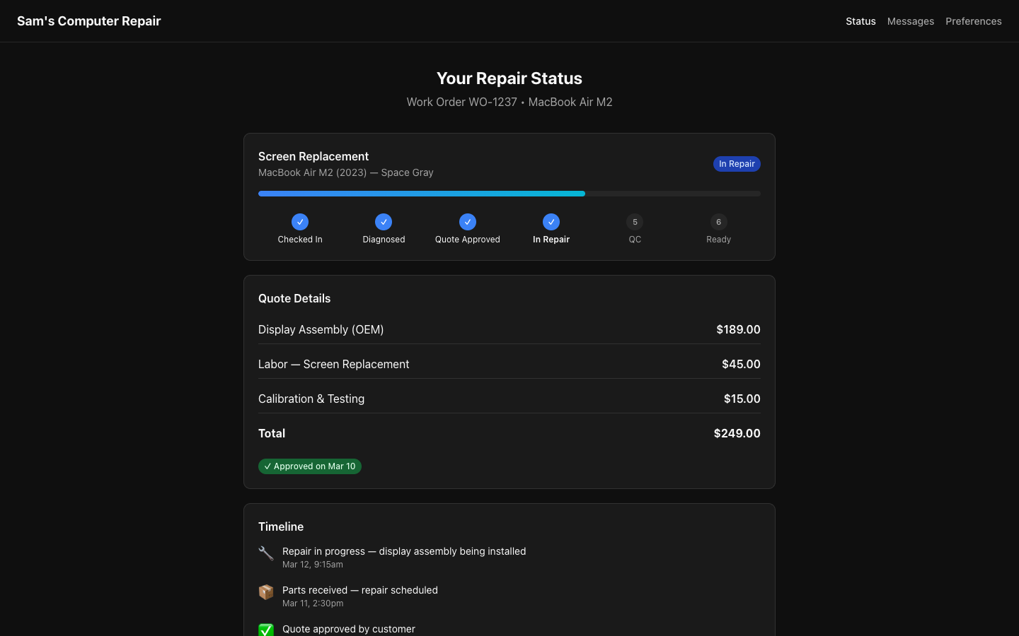 RepairOps Customer Portal status tracker on desktop