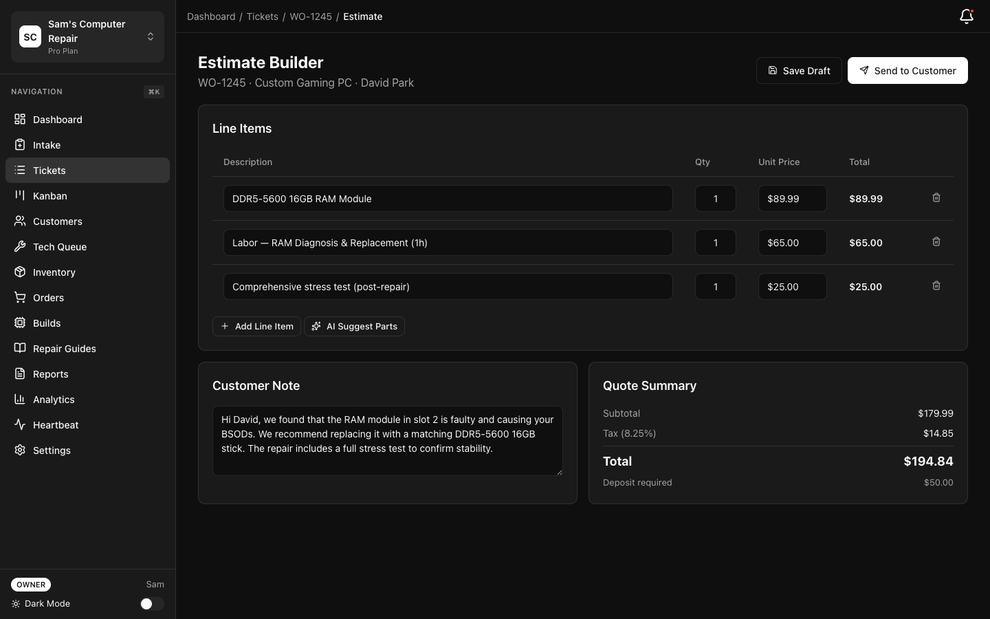 RepairOps Quote Builder with parts, labor, and total calculation