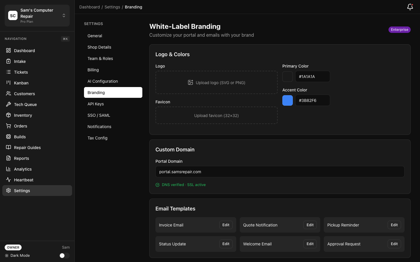 RepairOps White-Label Branding settings with custom domain, logo, and colors