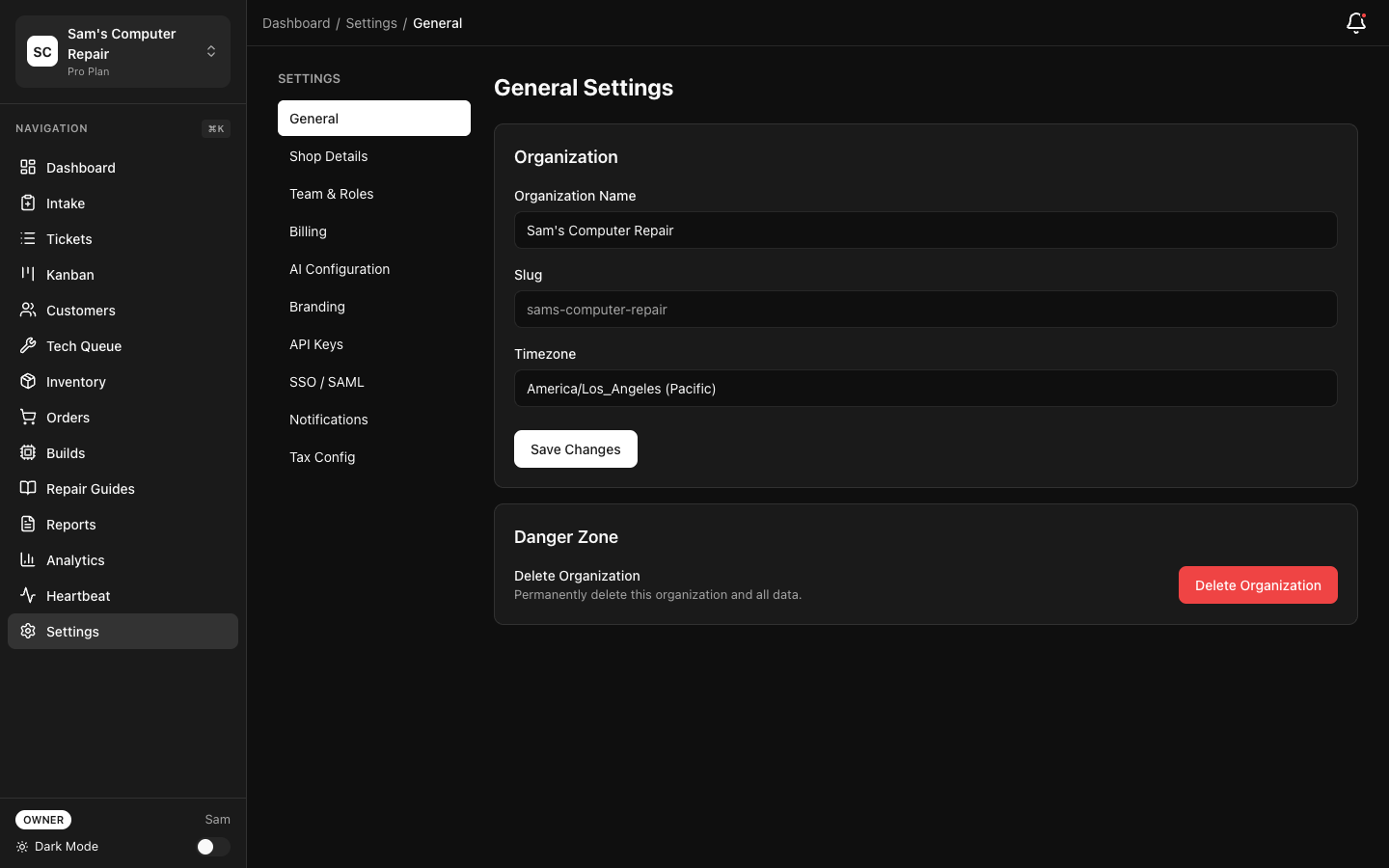 RepairOps Settings showing general organization configuration