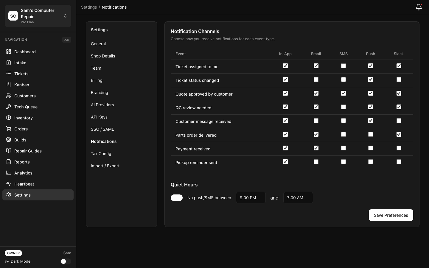 RepairOps Notification settings for security alerts