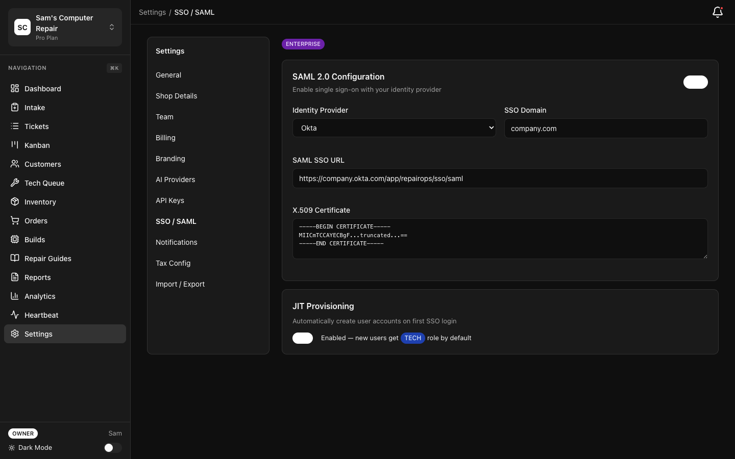 RepairOps SSO/SAML configuration settings