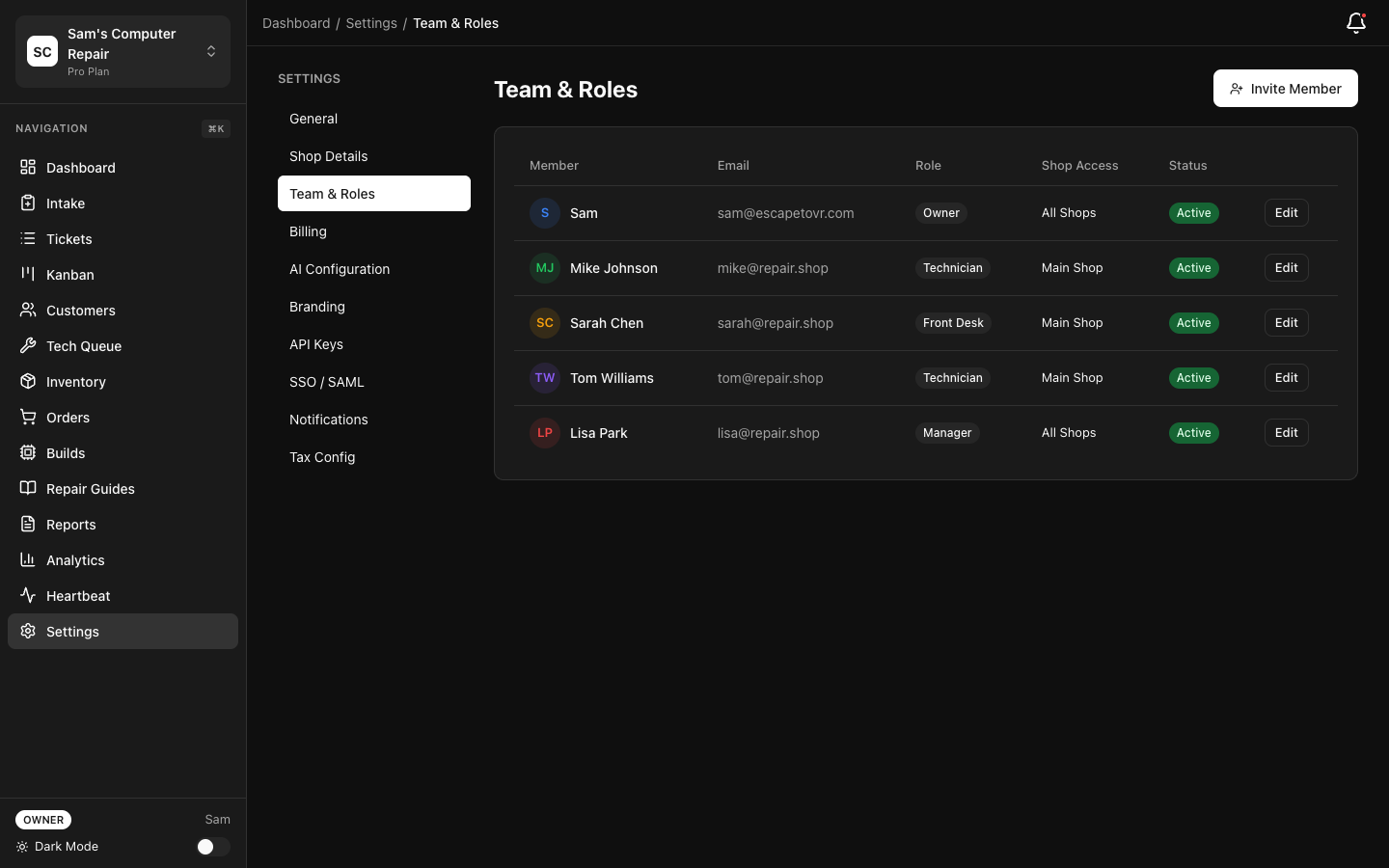 RepairOps Team settings for inviting and managing staff