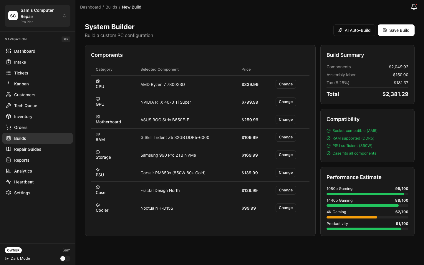 RepairOps System Builder with component selection and compatibility checking