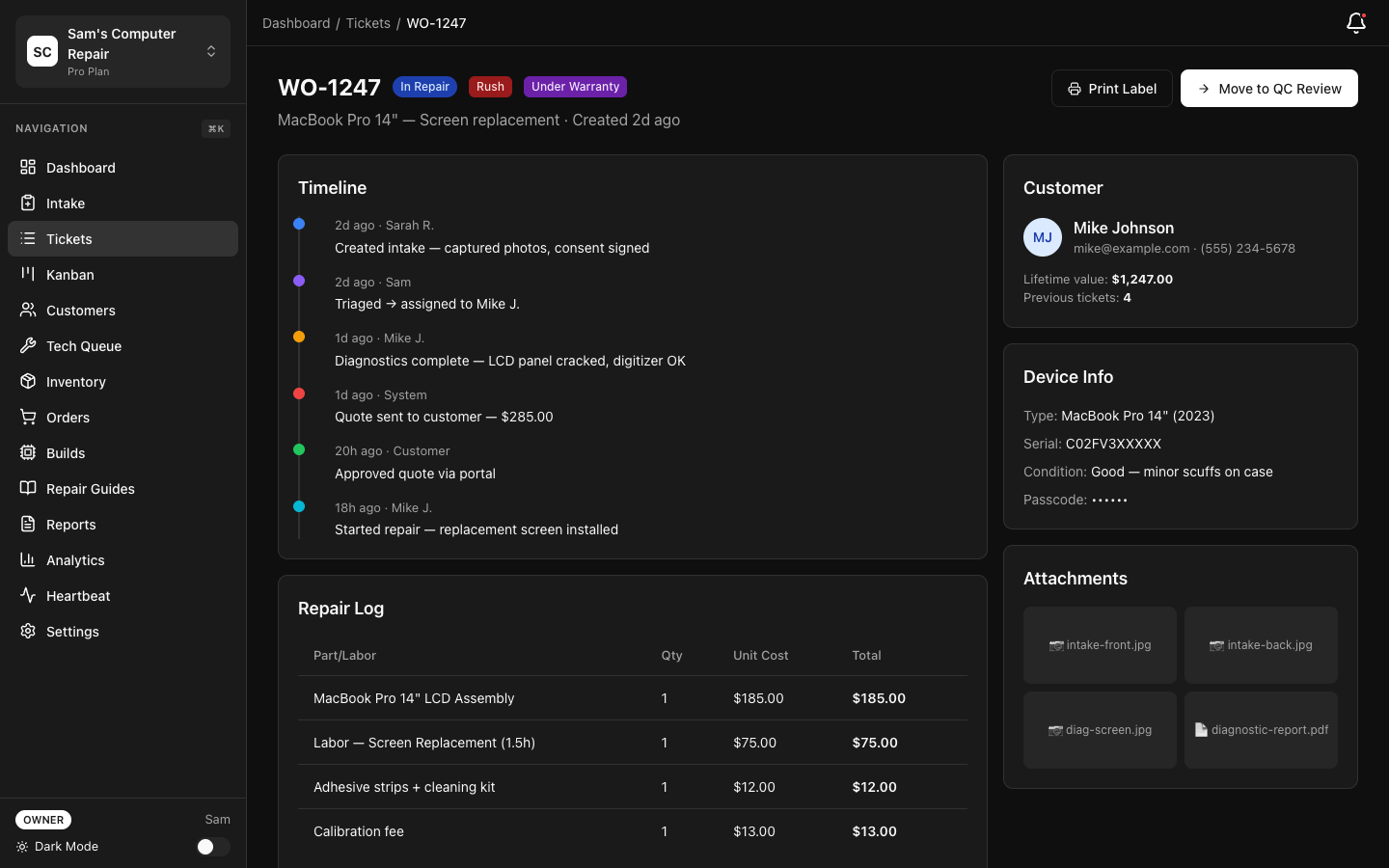 RepairOps Ticket Detail showing repair logs, parts used, and timeline