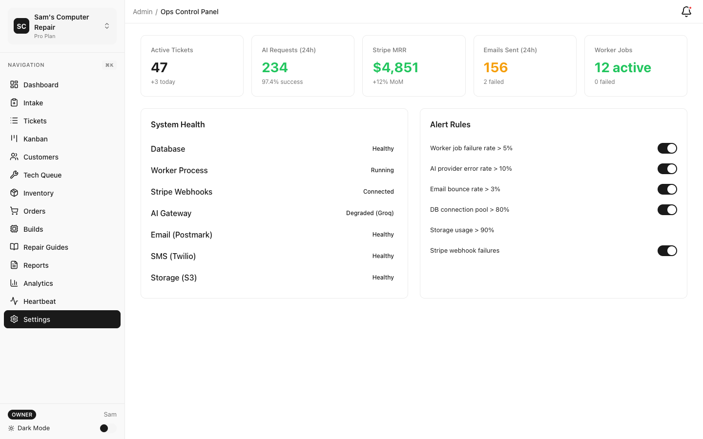RepairOps Admin Operations panel with backup and export controls
