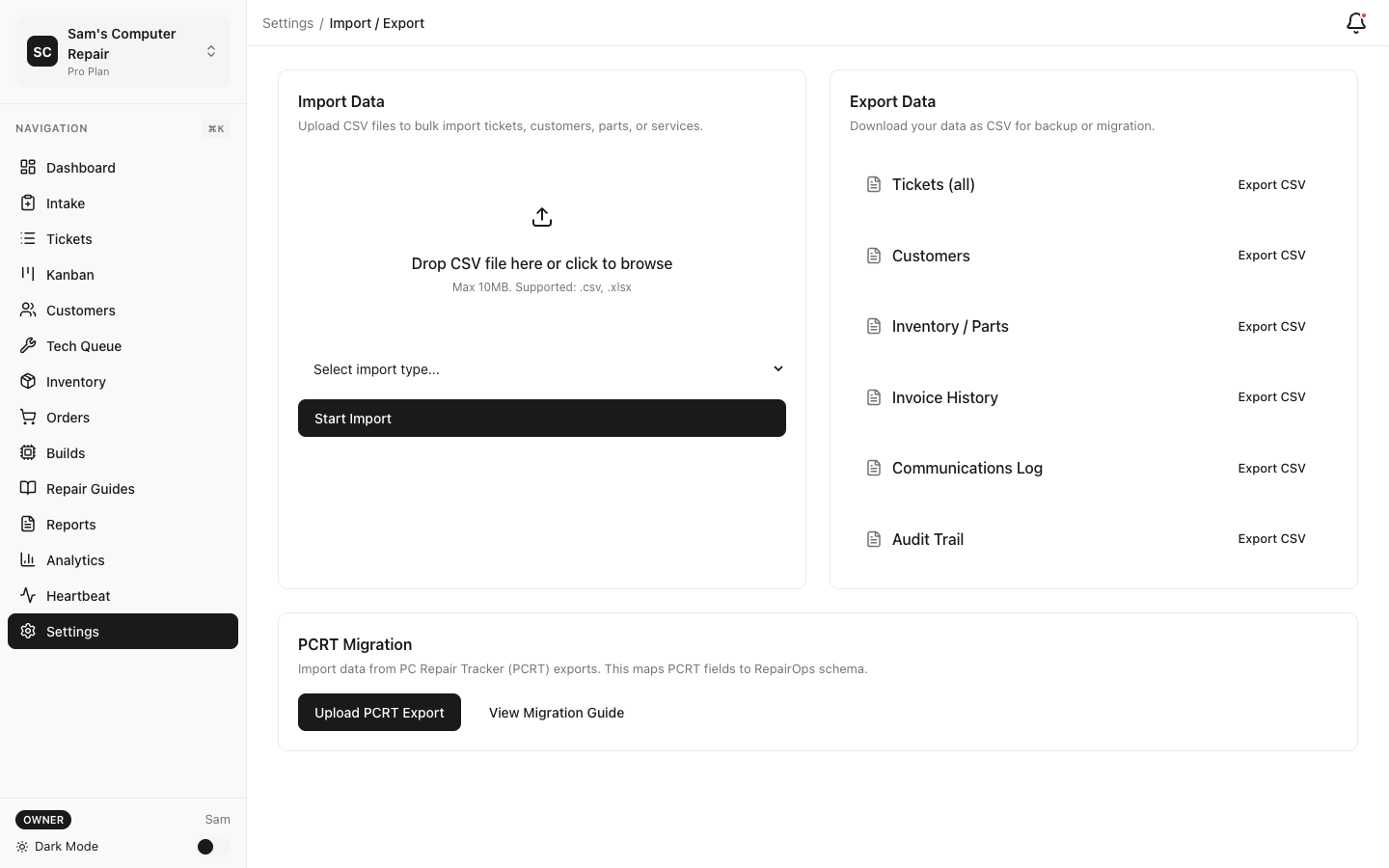 RepairOps Import/Export interface for data portability