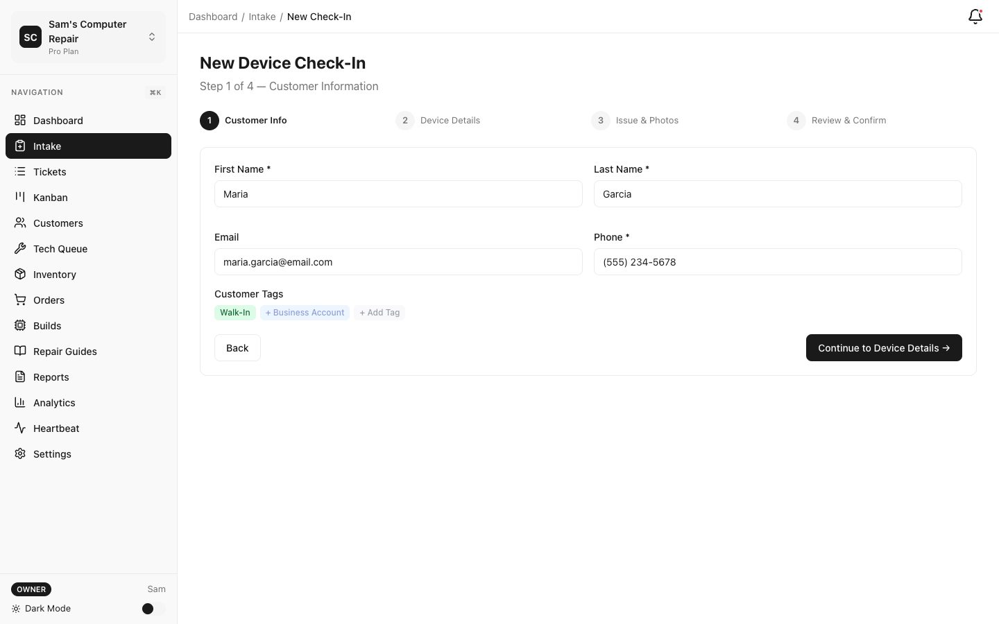 RepairOps Intake form for new repair check-in