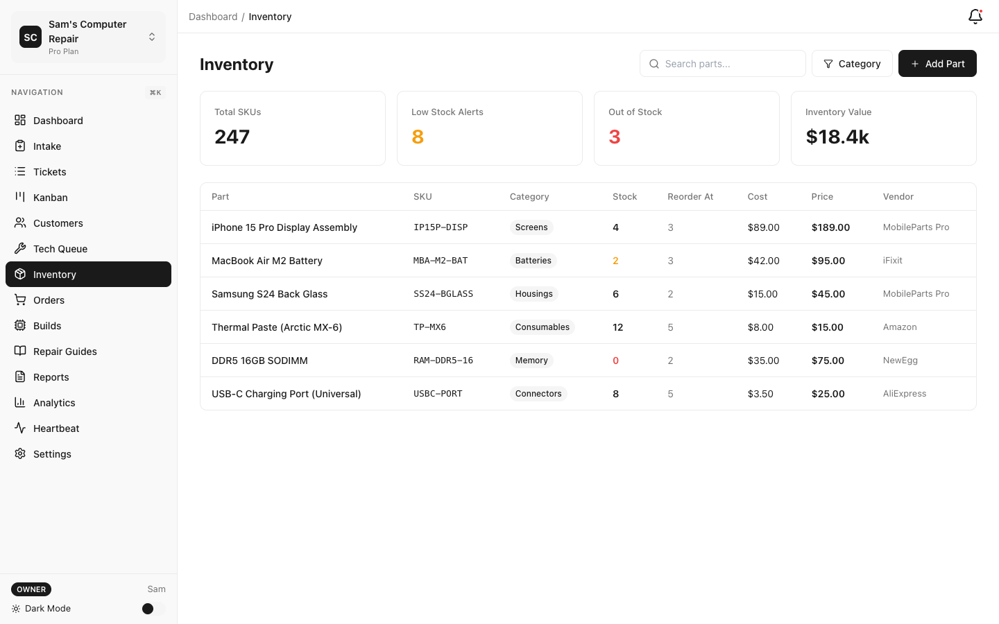 RepairOps Inventory management showing parts stock levels and reorder points
