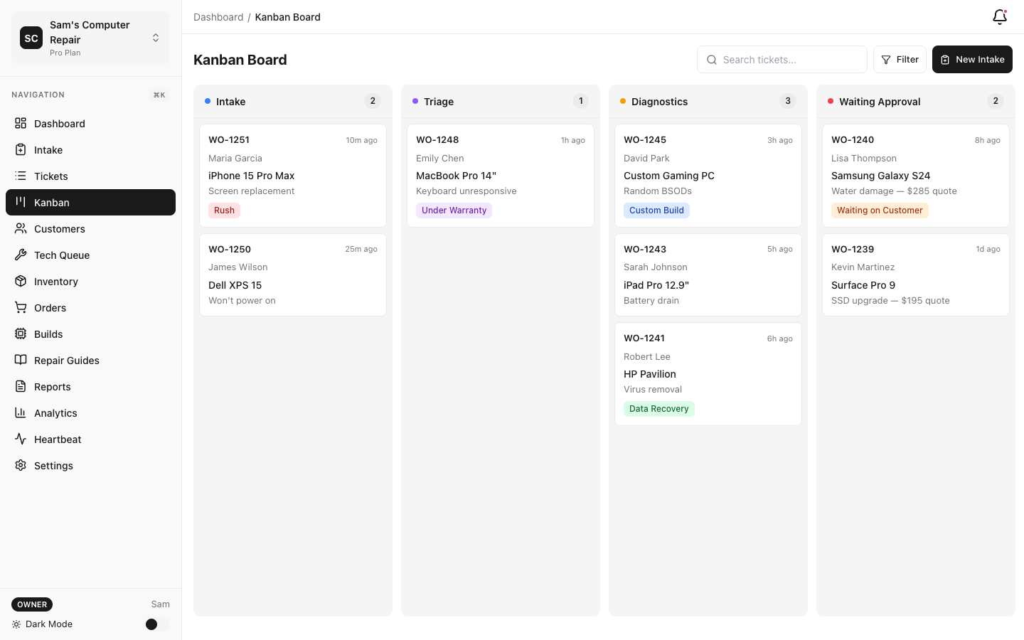 RepairOps Kanban board showing ticket columns by repair status