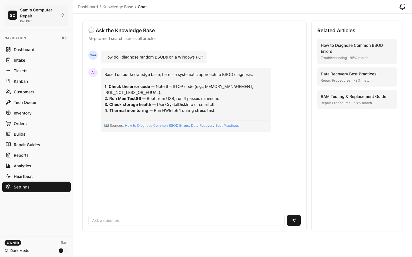 RepairOps KB Chat with AI-powered search and answers