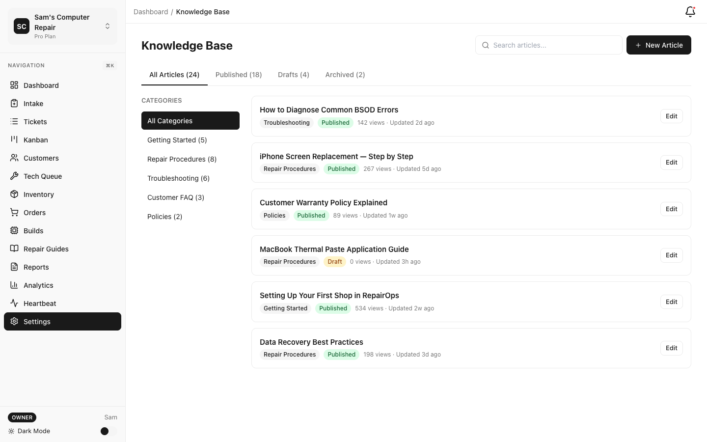 RepairOps Knowledge Base with searchable repair articles