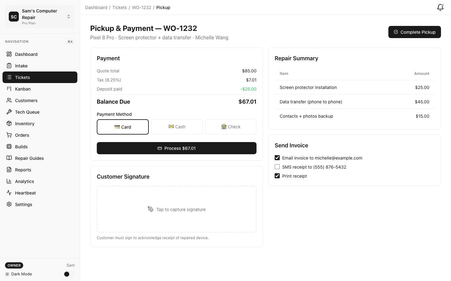 RepairOps Pickup screen with payment and signature capture