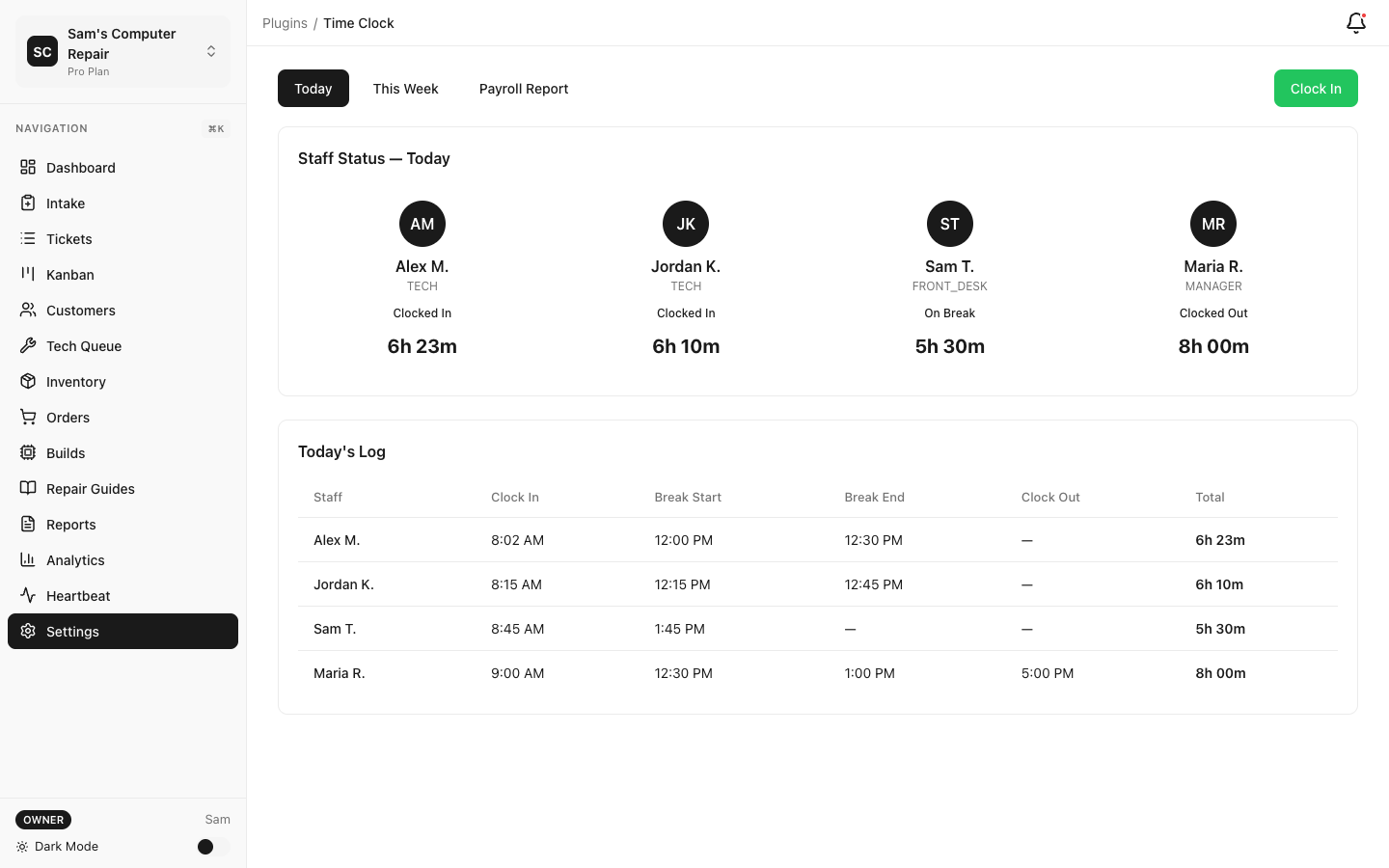 RepairOps Time Clock plugin for staff attendance tracking