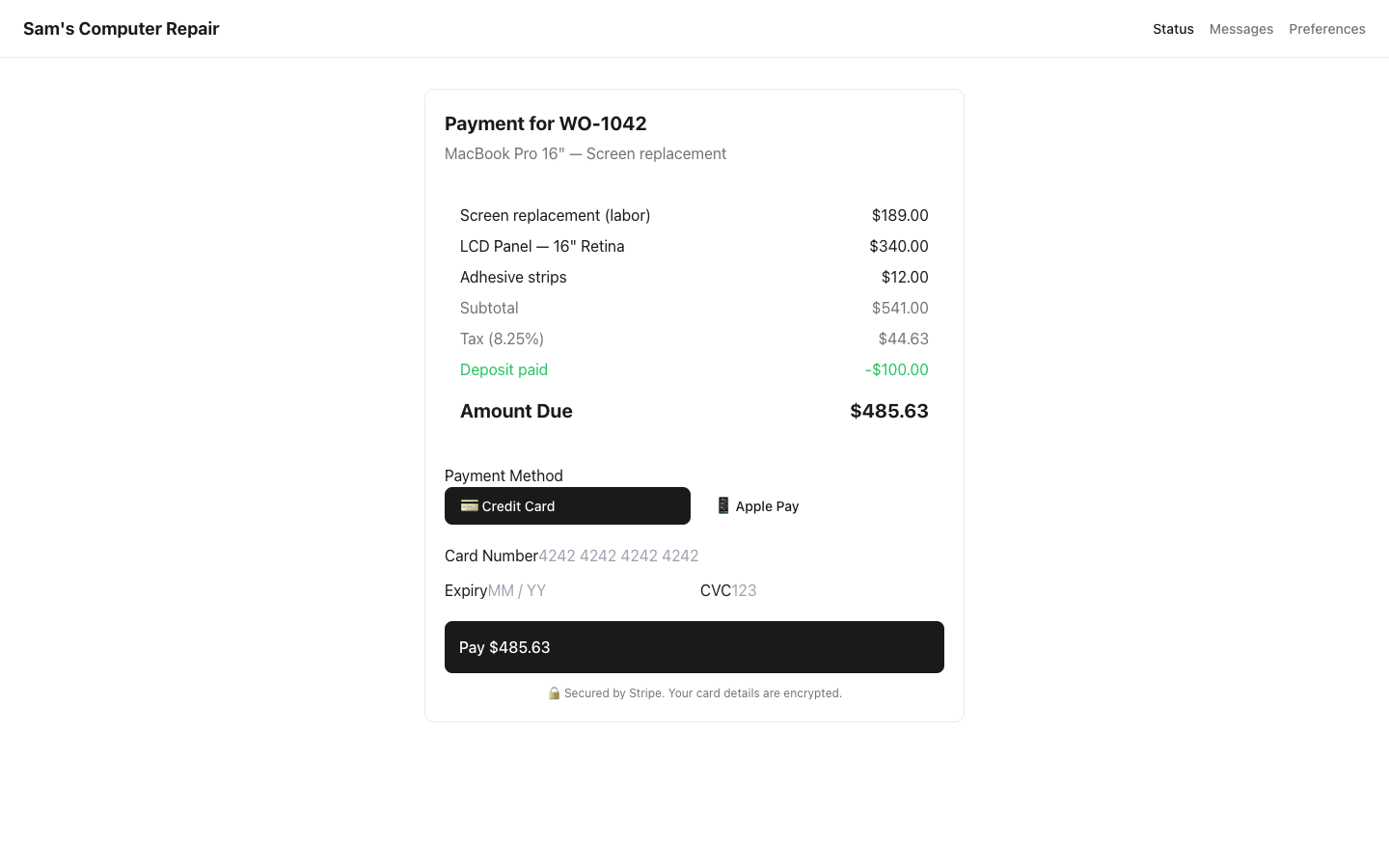 RepairOps Customer Portal online payment screen