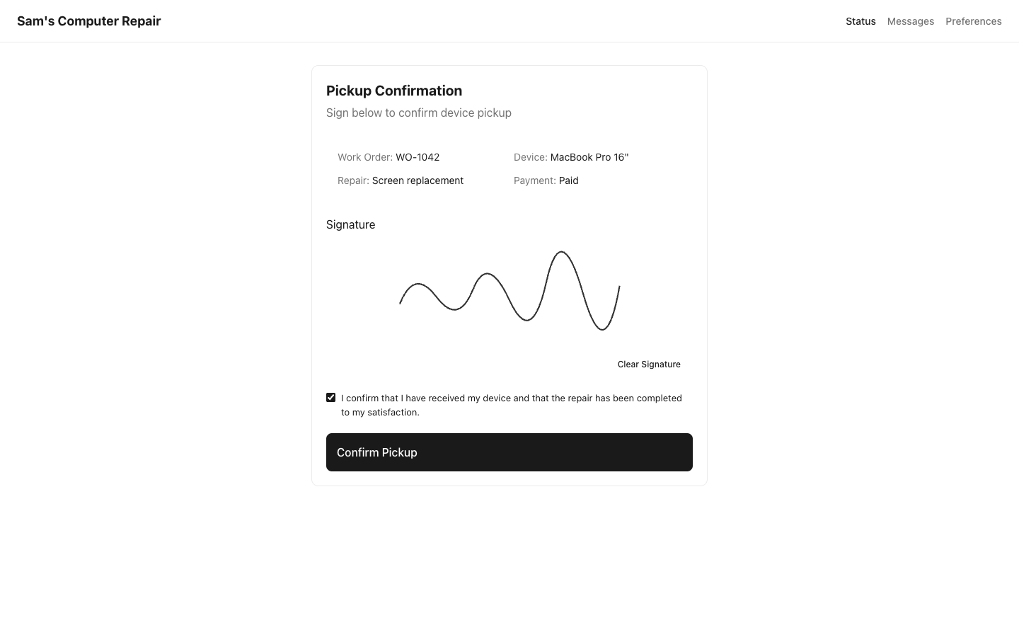 RepairOps Customer Portal signature capture screen
