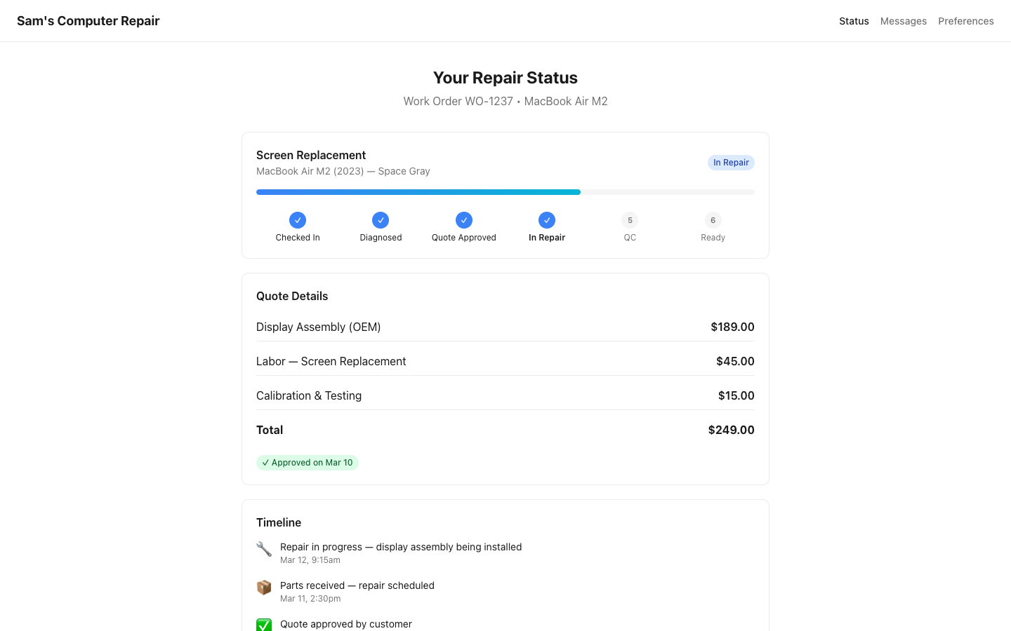 RepairOps Customer Portal status tracker on desktop