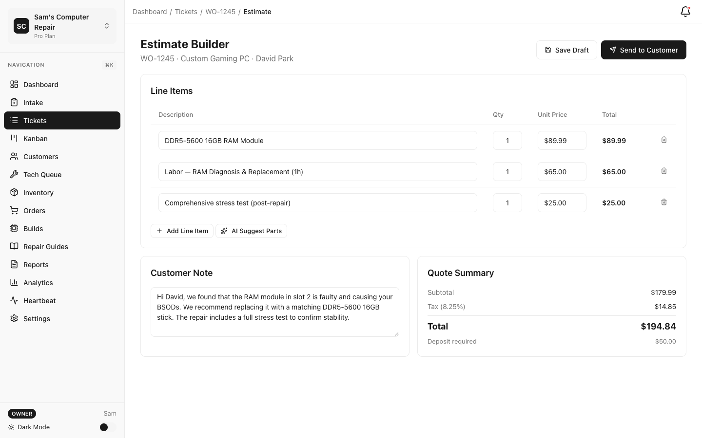 RepairOps Quote Builder with parts, labor, and total calculation