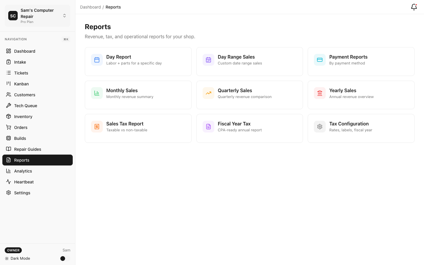 RepairOps Reports hub with daily, tax, and payment reports
