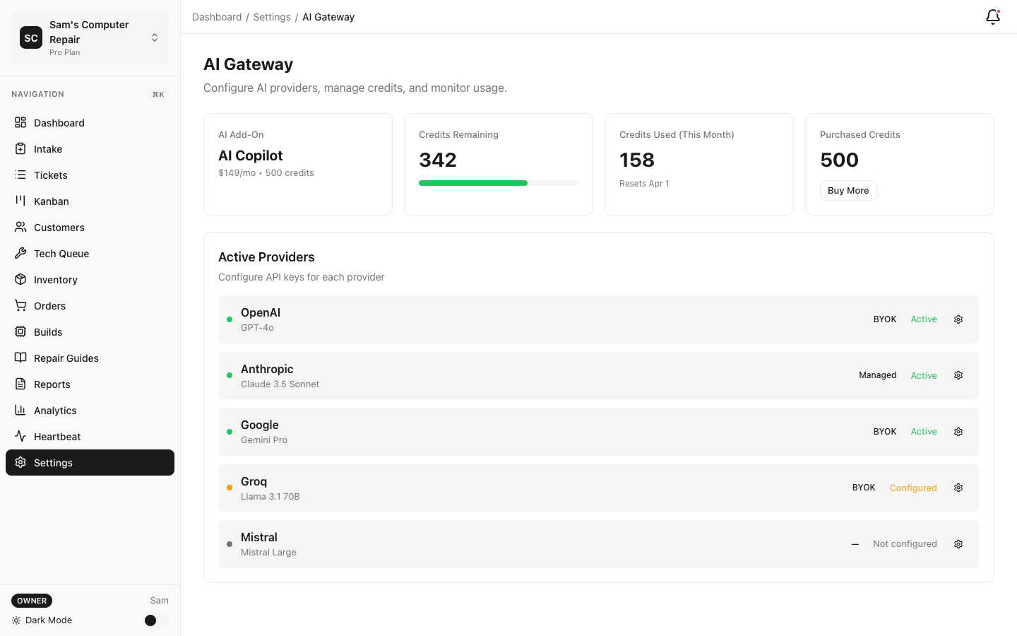 RepairOps AI Provider settings with BYOK and managed options