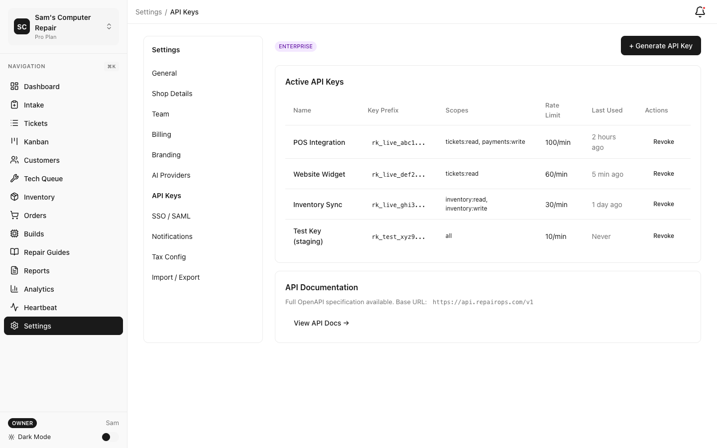 RepairOps API Key generation and management interface