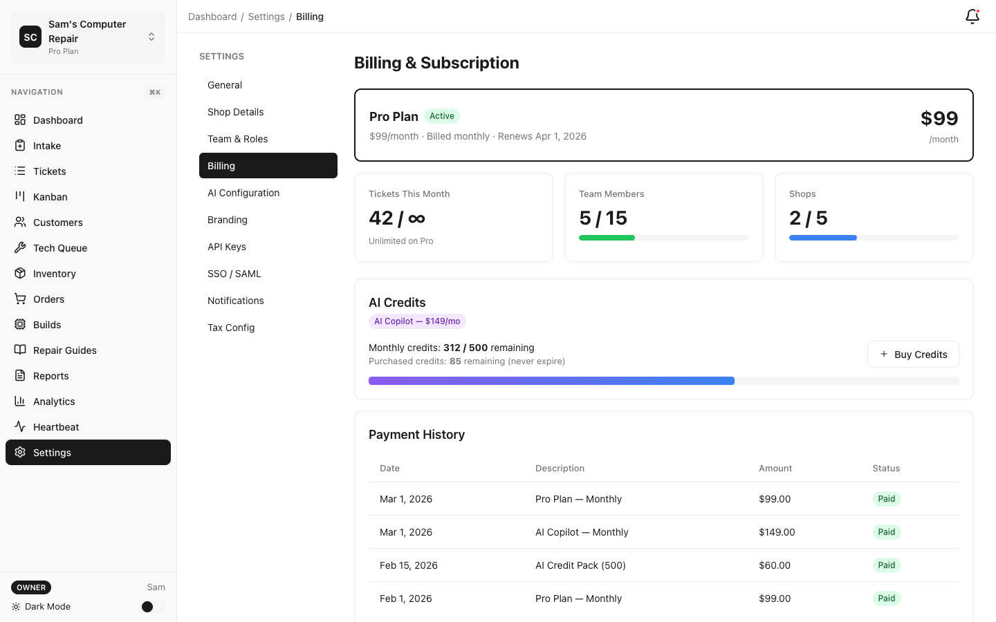 RepairOps Billing settings showing plan, usage meters, and invoices