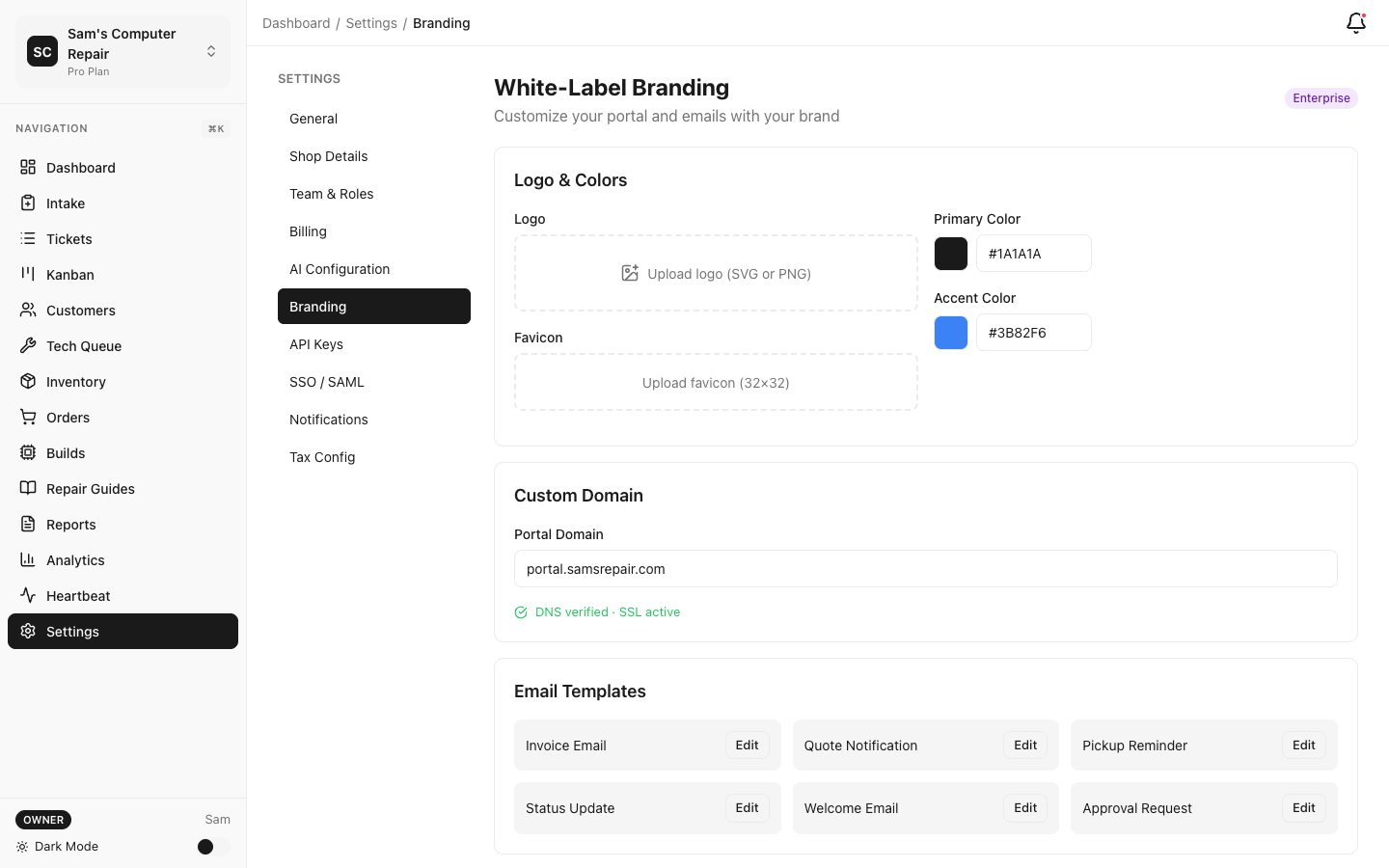 RepairOps White-Label Branding settings with custom domain, logo, and colors