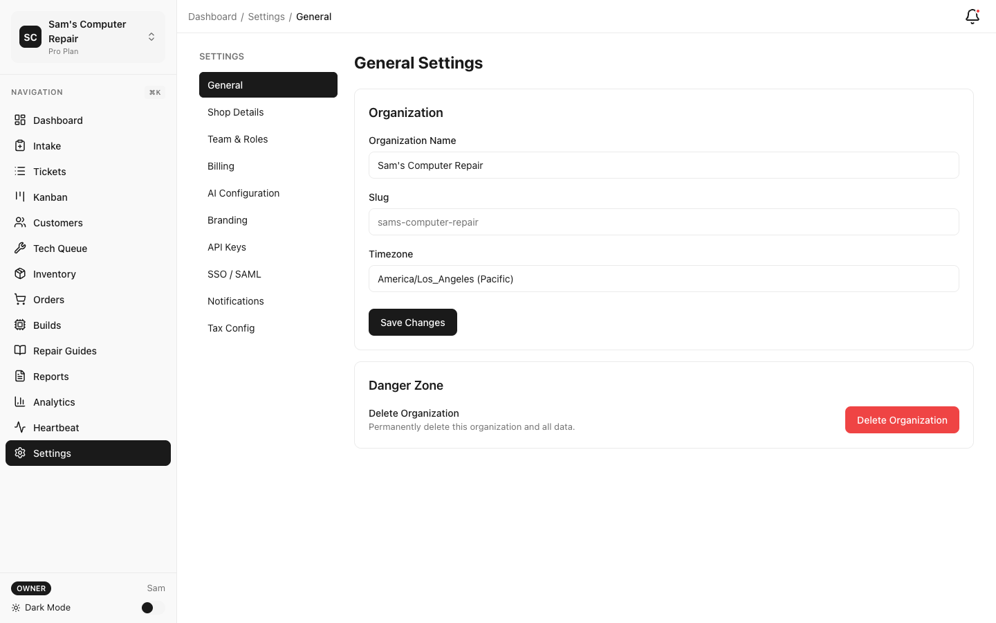 RepairOps Settings showing general organization configuration
