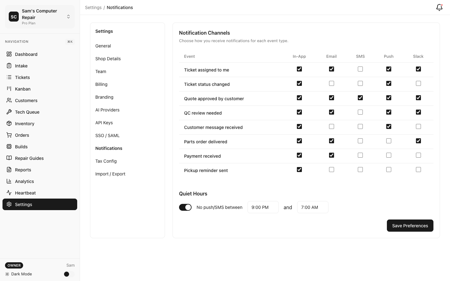 RepairOps Notification settings for security alerts