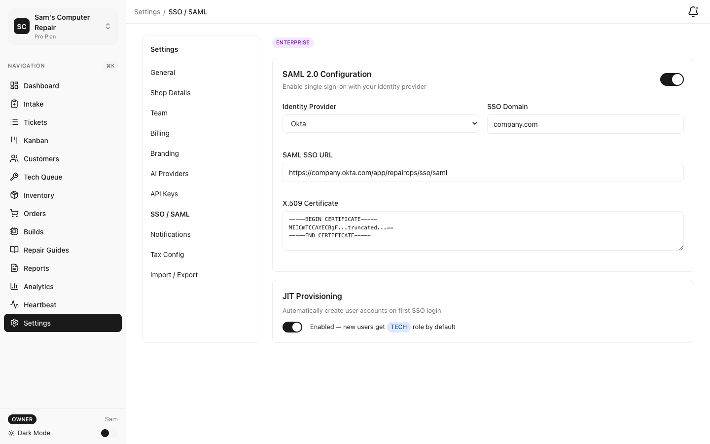 RepairOps SSO/SAML configuration settings