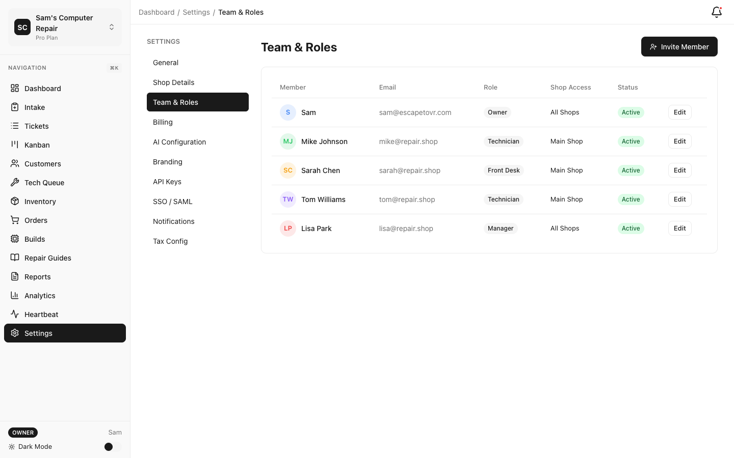 RepairOps Team settings for inviting and managing staff